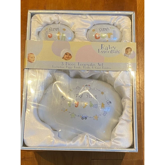 My First Piggy Bank Tooth and Curl Box Gift Baby BOY Three Piece Keepsake Set