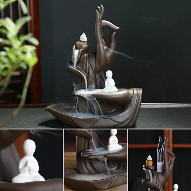 Ceramic Backflow Lotus Smoke Incense Burner Holder Buddha Hand Censer Home Decor