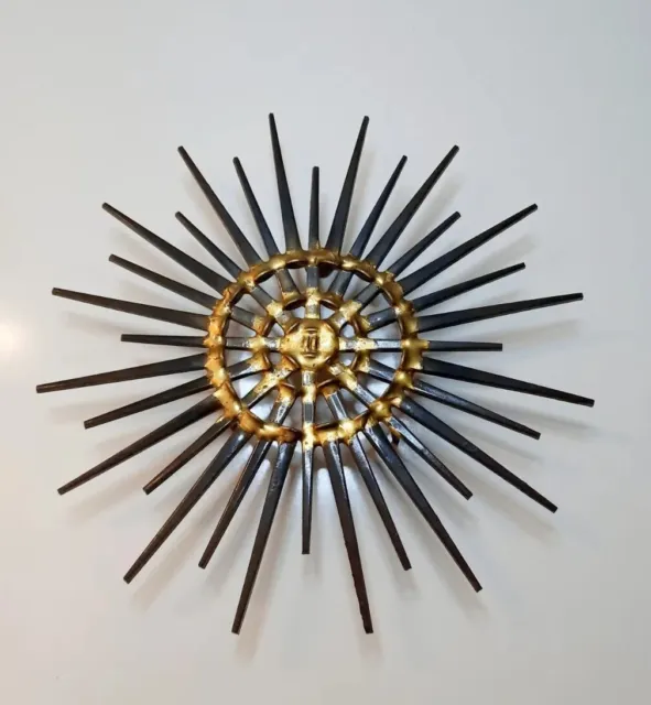 Vintage Mid Century Modern Brutalist Sunburst Nail Sculpture Wall Art Atomic MCM