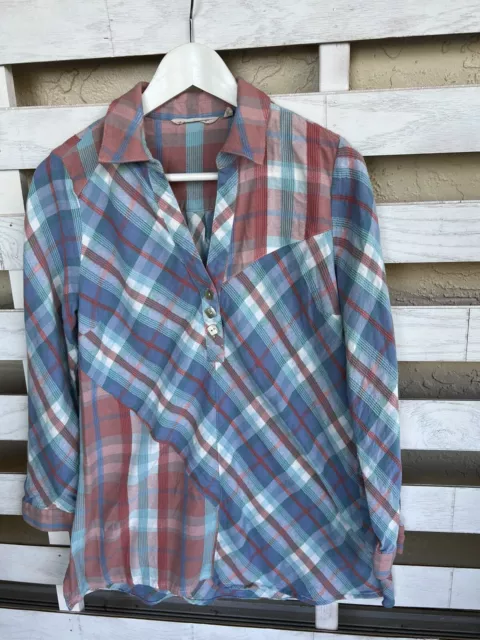 Soft Surroundings Women's Ecru Multi Plaid Textured La Pass Tunic Top PM