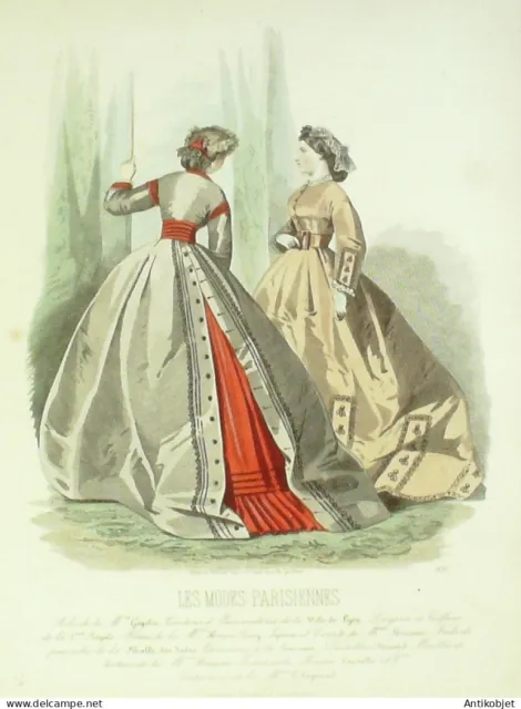 Gravure Modes parisiennes 1864 n°1131 Toilettes en tissus brodés
