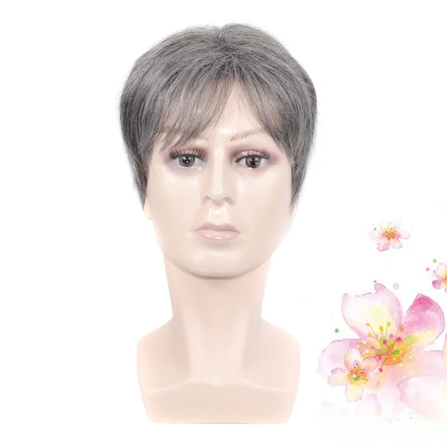 Pelucas de pelo gris corto de mediana edad gris peluca de encaje frontal para cosplay