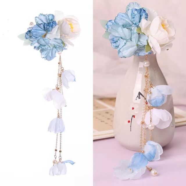 Flower Shaped Decor Dangle Hair Clip Chinese Hanfu Headdress Beaded Side Pin AU