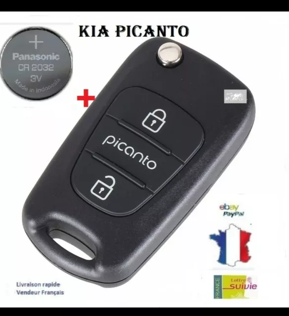 Boîtier Coque télécommande clé plip KIA PICANTO 3 BOUTONS +Pile CR 2032+ logo