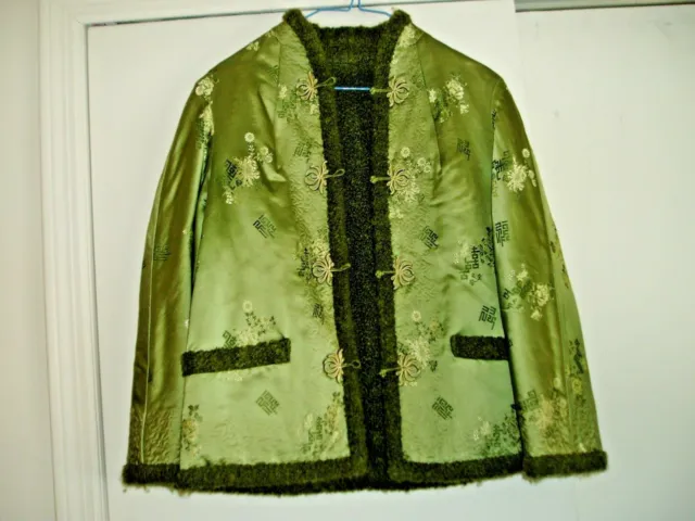 Vintage Green Sheep Wool?  Satin/Silk REVERSIBLE Asian Kimono Type JACKET
