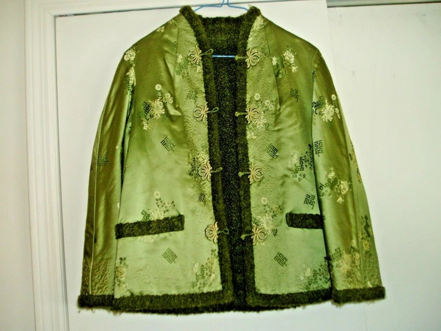 Vintage Green Sheep Wool? Satin/Silk REVERSIBLE Asian Kimono Type JACKET Vintage Green Sheep Wool? Satin/Silk REVERSIBLE Asian Kimono Type JACKET