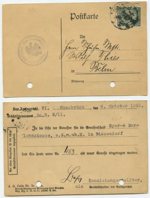35650 - Dienst Mi.Nr. 99 - Postkarte - Amtsgericht Osnabrück 6.10.1925 nach Belm