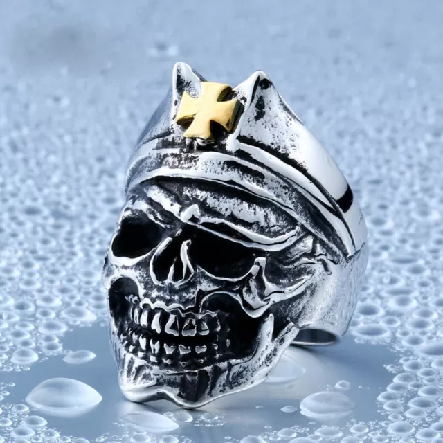 Iron Cross Army Skull Head Ring Stainless Steel Men's Mercenary Skull Biker Ring 2