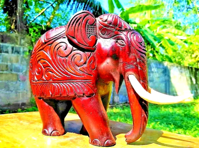 Asian Wooden Elephant Sculpture Hand Carved Wood Vintage Figurine Lucky Statue