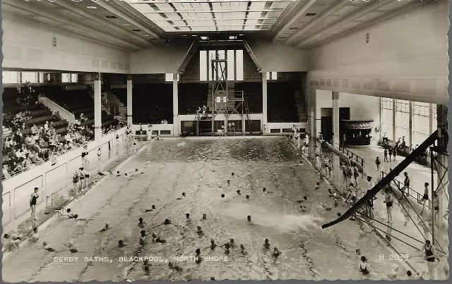 Blackpool, Lancashire - Derby Baths, swimming pool - RP postcard, 1958 pmk