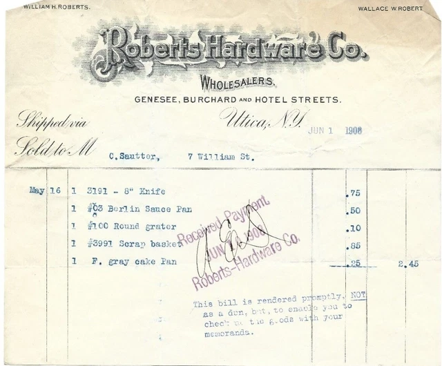 Roberts Hardware Co Utica NY 1908 Billhead Hardware