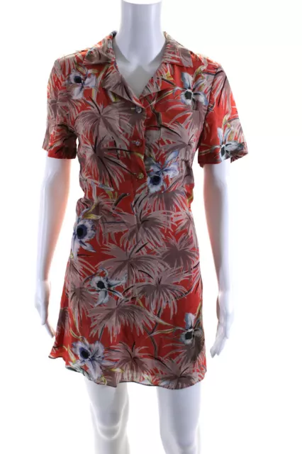 Valentino Womens Silk Floral Print Collared Button Up Shirt Dress Orange Size 2
