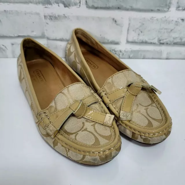 Coach Womens Size 5.5B Frida Signature Logo Loafers Tan Leather Fabric Bow