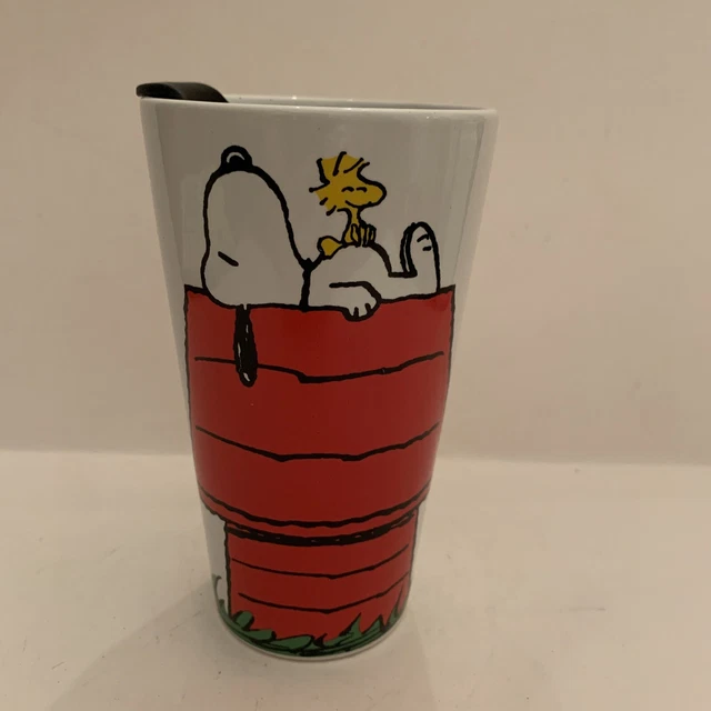 PEANUTS Snoopy & Woodstock Red Dog House 16 oz Travel Coffee Tea w/Lid Mug NEW