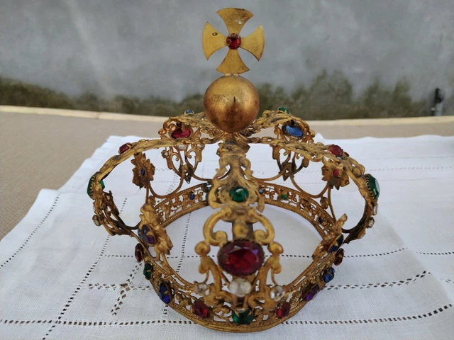 Couronne diadème vierge statue laiton doré strass fleurs XIXème siècle