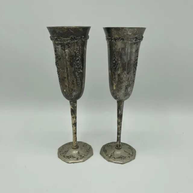 Pair Of Vintage Sterling Plated Towle Champagne Goblets/Flutes Patina Ships Fast