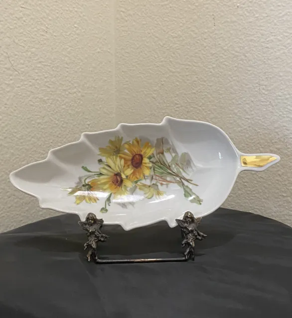Old Nuremberg Bavaria Sunflower Porcelain Dish Leaf Shaped Germany Gold Gilt 10”