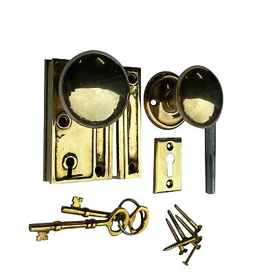 Mini Brass Rim Lock Screen Door or Bathroom Privacy Set With Knobs