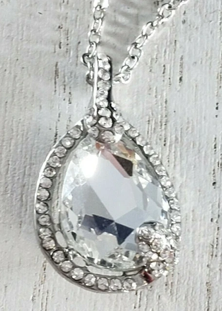 Designer Signed Charming Charlie Silver Tone Rhinestone Tear Drop Necklace