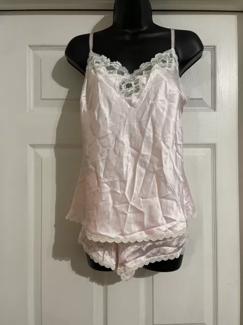 Vintage Victoria's Secret 2 Piece Lace Cami Set Pink Satin Size M