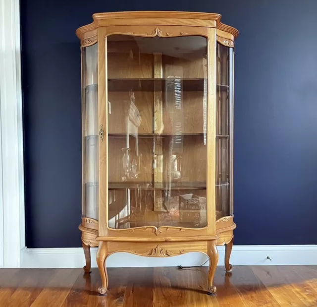 Early 20th Century Victorian Carved Oak Bow-Front Lighted Curio China Display Ca