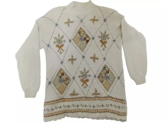 Vintage Beldoch Popper Sweater Women's Embroidered Knit Floral Ivory Size Medium