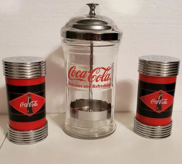 Vtg 1997 COCA COLA Retro Salt Pepper Shakers & 1991 Straw Dispenser