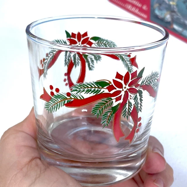 Anchor Hocking Poinsettia & Ribbons 4 Piece Glass Set 9oz Rocks Glasses Tumblers 2