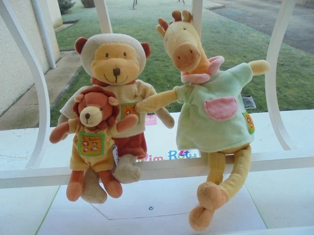  LOT DE 3 DOUDOU POUPEE girafe MOULIN DE ROTY 36 cm MUSICAL  / HOCHET TBE