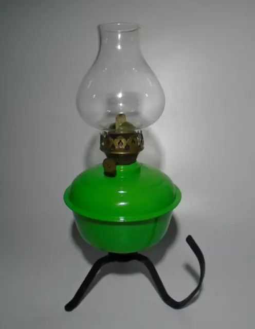 Unusual Vintage 3 Leg Green Aluminium Font Oil Lamp British Brass Burner, Handle