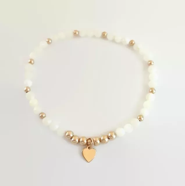 Mother Of Pearl 4mm Beads & 14k Gold Filled Bracelet with Heart Charm