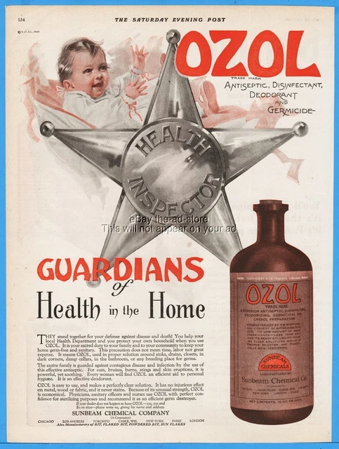 1920 Sunbeam Chemical Company Ozol Antiseptic Health Inspector Badge Baby ad