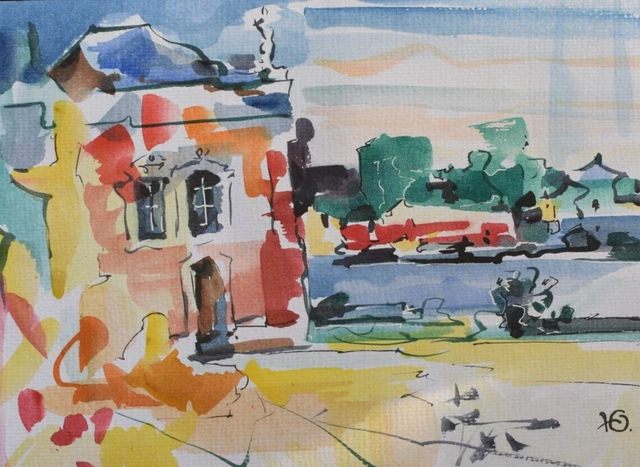 ORIGINAL EXPRESSIONIST WATERCOLOUR By Yuliy Rahozin Villa At The Spree 