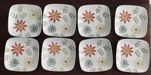 Corelle HAPPY DAYS  10 1/2 inch Square Dinner Plates SET OF 8 Teal Yellow Orange