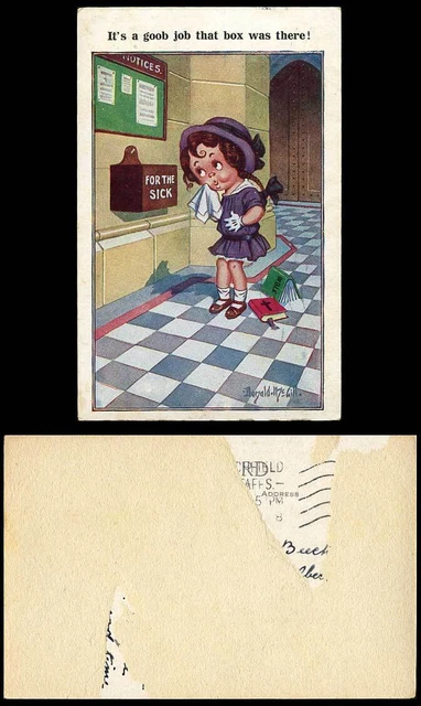 Donald McGill alte Postkarte Es ist ein guter Job, dass die Box für die kranke Bibel da war