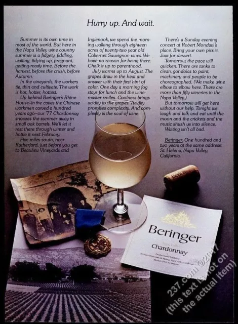 1978 Beringer Chardonnay wine photo vintage print ad