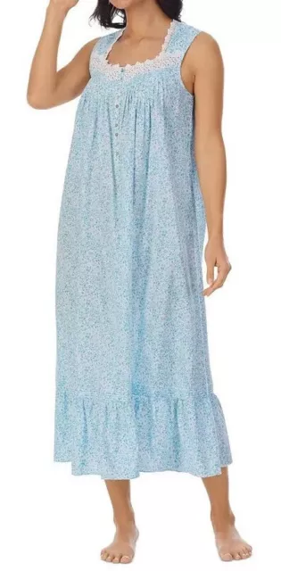 New $74 Eileen West Aqua Floral Sleeveless COTTON LAWN Long Ballet Nightgown L