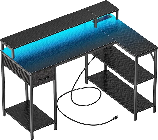 L SHAPED GAMING Desk With LED Lights Computer Corner Home Office
