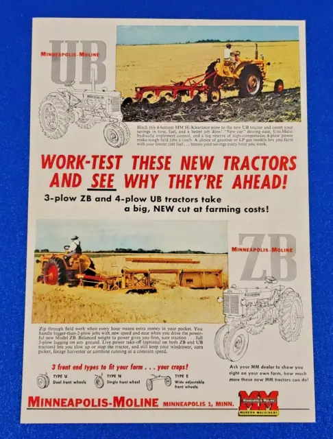 1954 Minneapolis-Moline (Mm) Tractors Ub & Zb Original Color Print Ad - Lot S24+