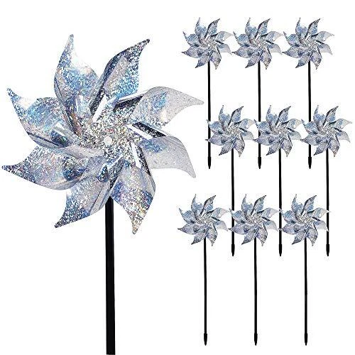 10 Pack Reflective Pinwheels with Stakes, Extra Sparkly Pinwheel for Silver