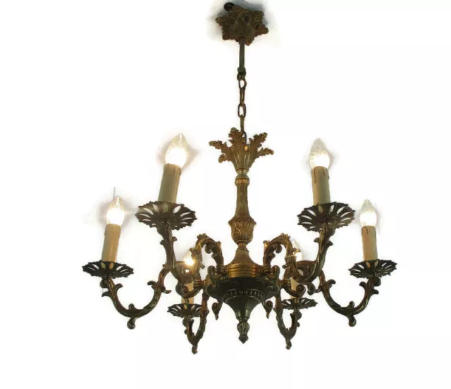 Chandelier 6 Lights Brass Hollywood Regency Ornate Mid Century Modern Vintage