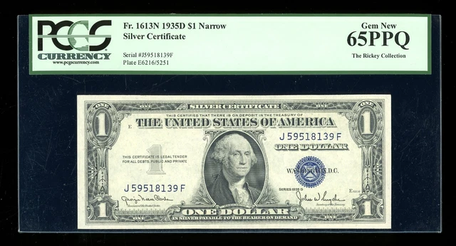 DBR 1935-D $1 Silver Gem Fr. 1613N Narrow JF Block PCGS 65 PPQ Serial J59518139F