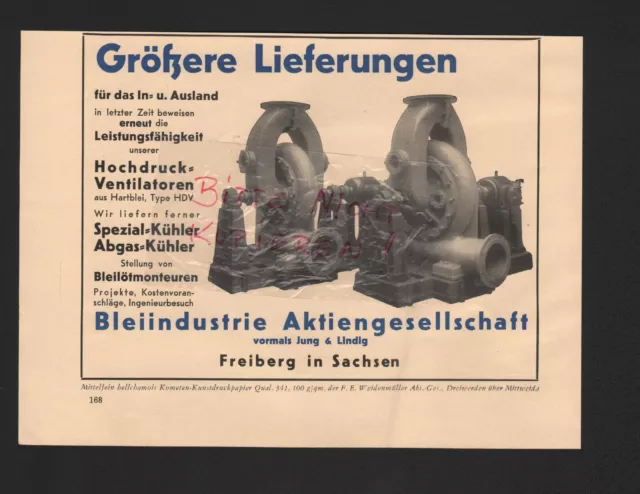 FREIBERG Sa., Werbung 1939, Bleiindustrie AG vorm. Jung & Lindig Ventilatoren