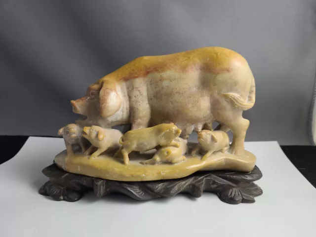 Chinese Vintage Stone Carved Pig Babies With Stand