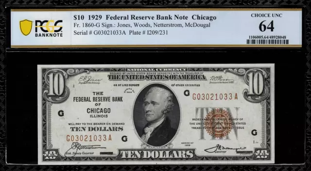 1929 $10 Federal Reserve Bank Note - Chicago - FR.1860-G - Graded PCGS 64