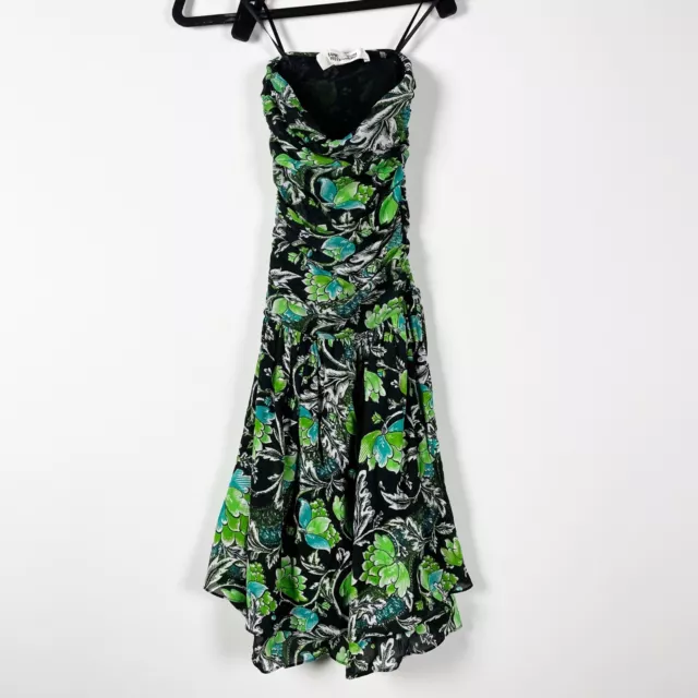 Diane Von Furstenberg Green Blue Black Floral Flower Print Chiffon Ruched Dress