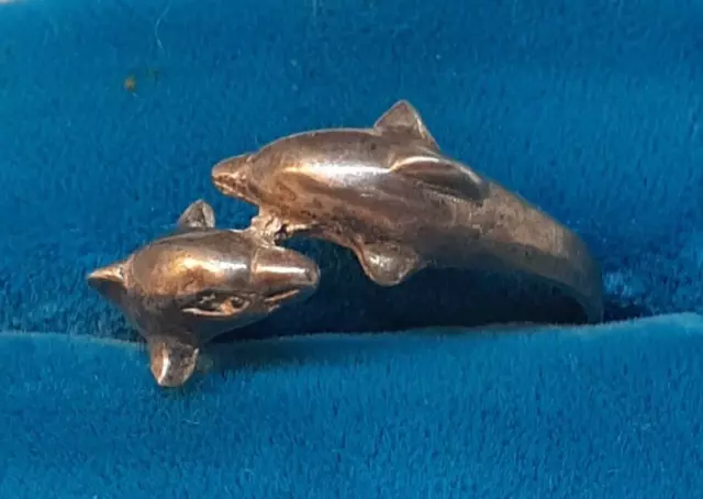 Super Cute Dolphin Pair Sterling Silver Ring Sz 6