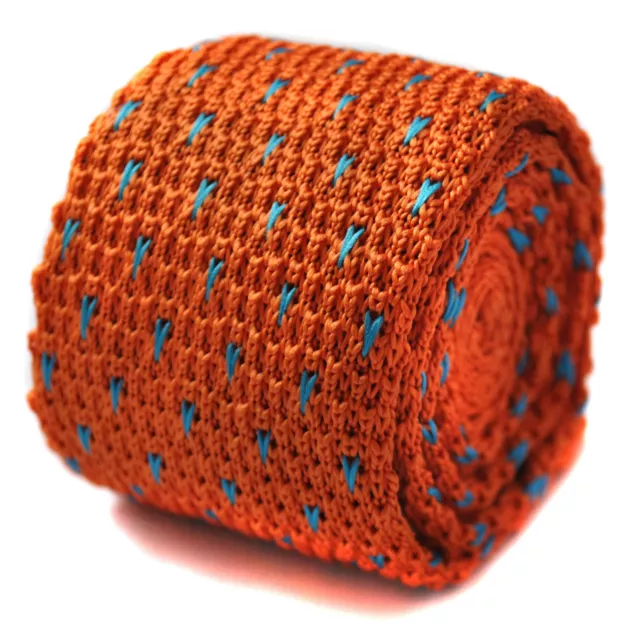 Frederick Thomas Knitted Silk Mens Tie - Dark Burnt Orange - Blue Pin Spots