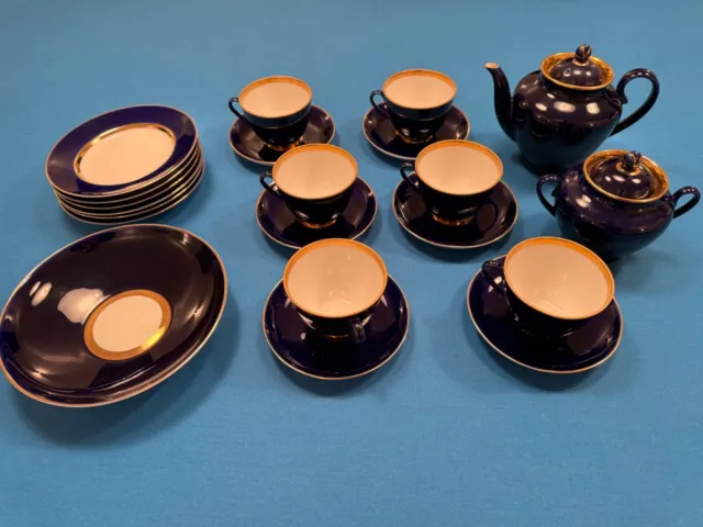 Lomonosov Porzellan Tee-Service (21 Teile) kobaltblau mit zartem Goldrand