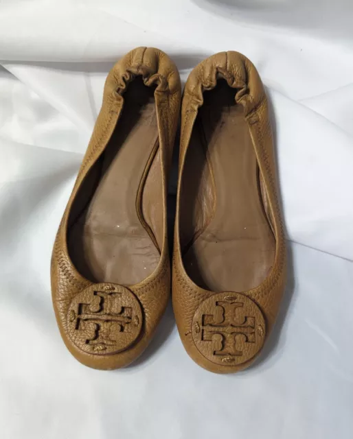 Tory Burch Ballet Flats Womens Leather Shoes Caramel Brown Tan Color Size 8.5 M